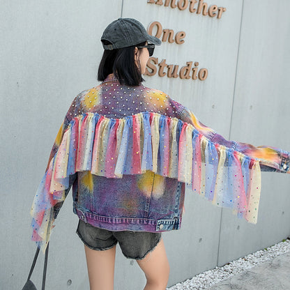 Chaqueta vaquera extragrande con degradado Tie-Dye y pedrería de malla de colores