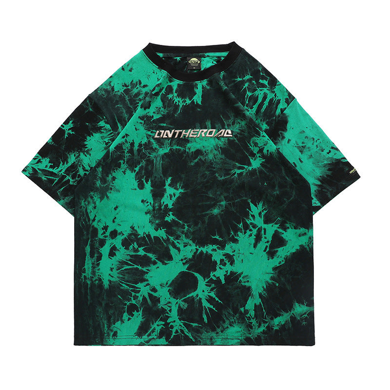Short-sleeved T-shirt With Tie-dye Metal Three-dimensional Lettering