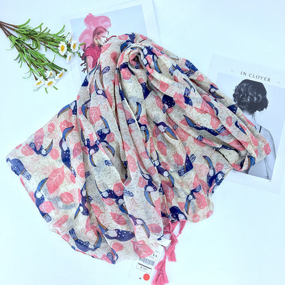 Printed bird cotton scarf