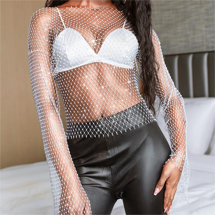 Women Clothing Nightclub Sexy Fishnet Women T shirt Rhinestone round Neck Long Sleeve Top Women Mesh