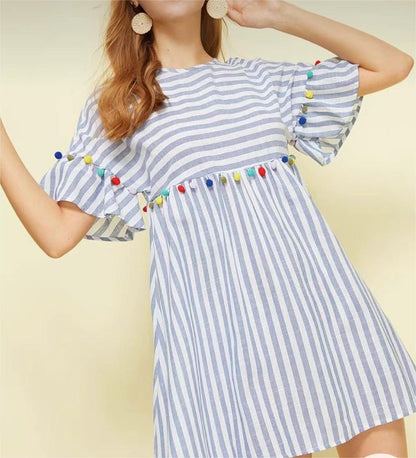 Autumn Women Colorful Ball Patchwork Stripes Dress