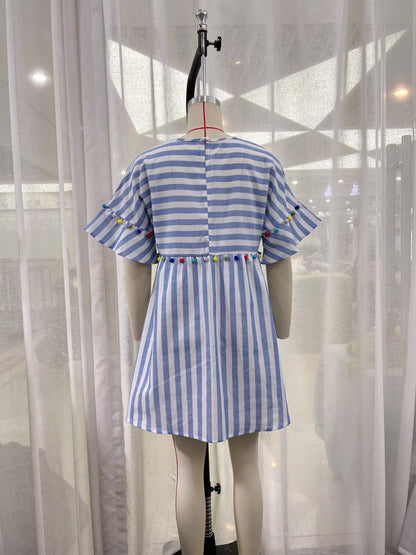 Autumn Women Colorful Ball Patchwork Stripes Dress