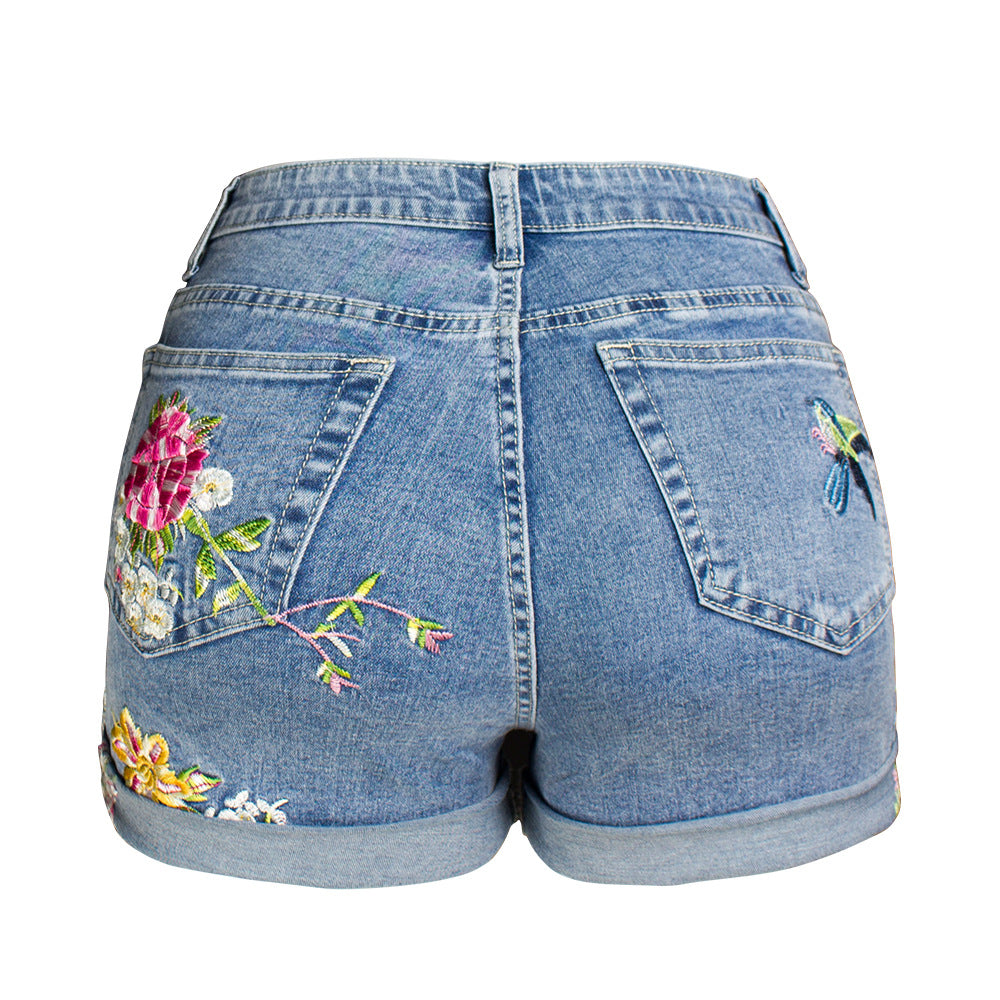 Short extensible à jambes larges pour femmes, vêtement en Denim brodé à fleurs exquis 3D