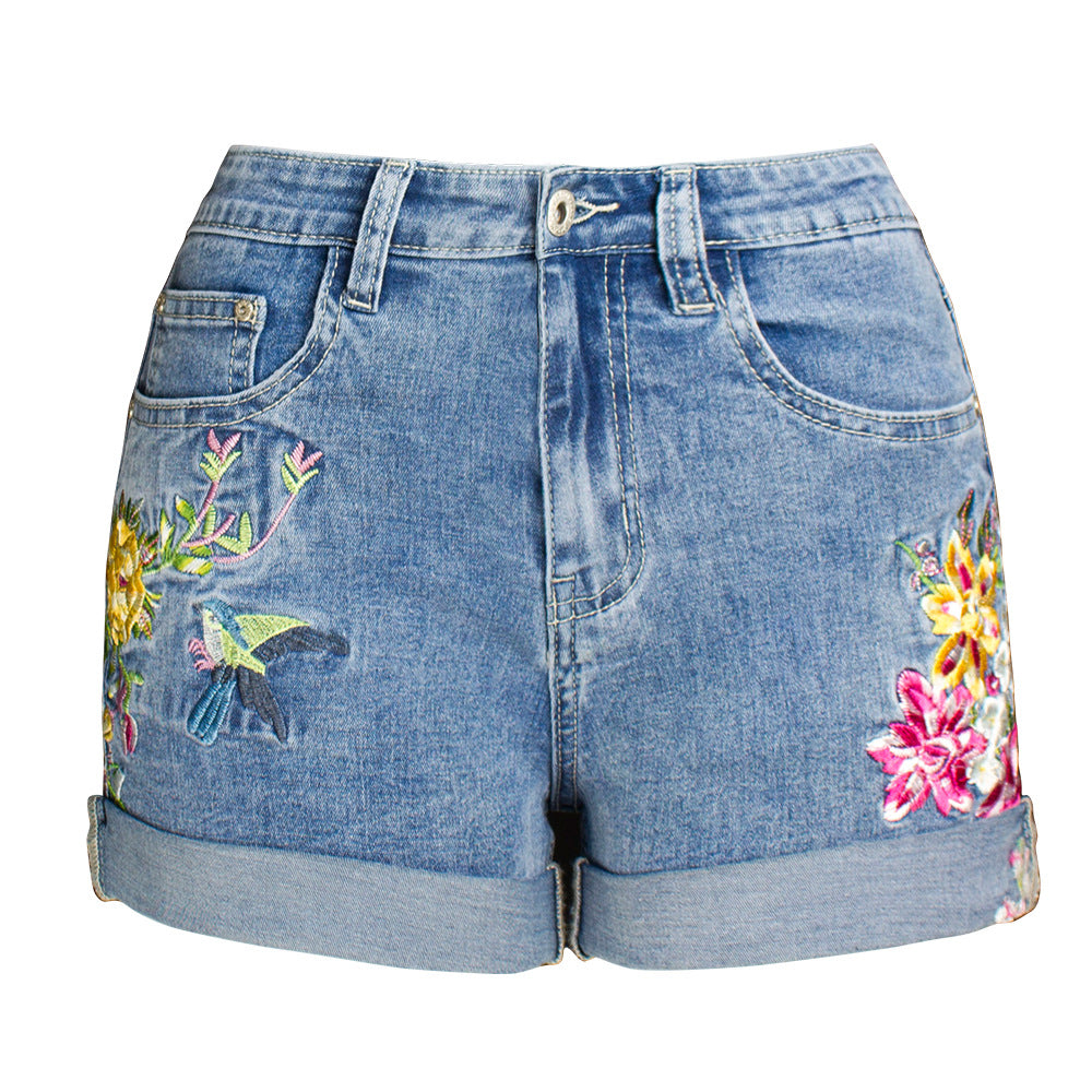 Short extensible à jambes larges pour femmes, vêtement en Denim brodé à fleurs exquis 3D