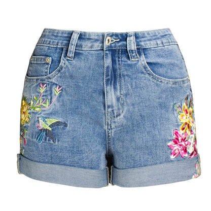 Short extensible à jambes larges pour femmes, vêtement en Denim brodé à fleurs exquis 3D