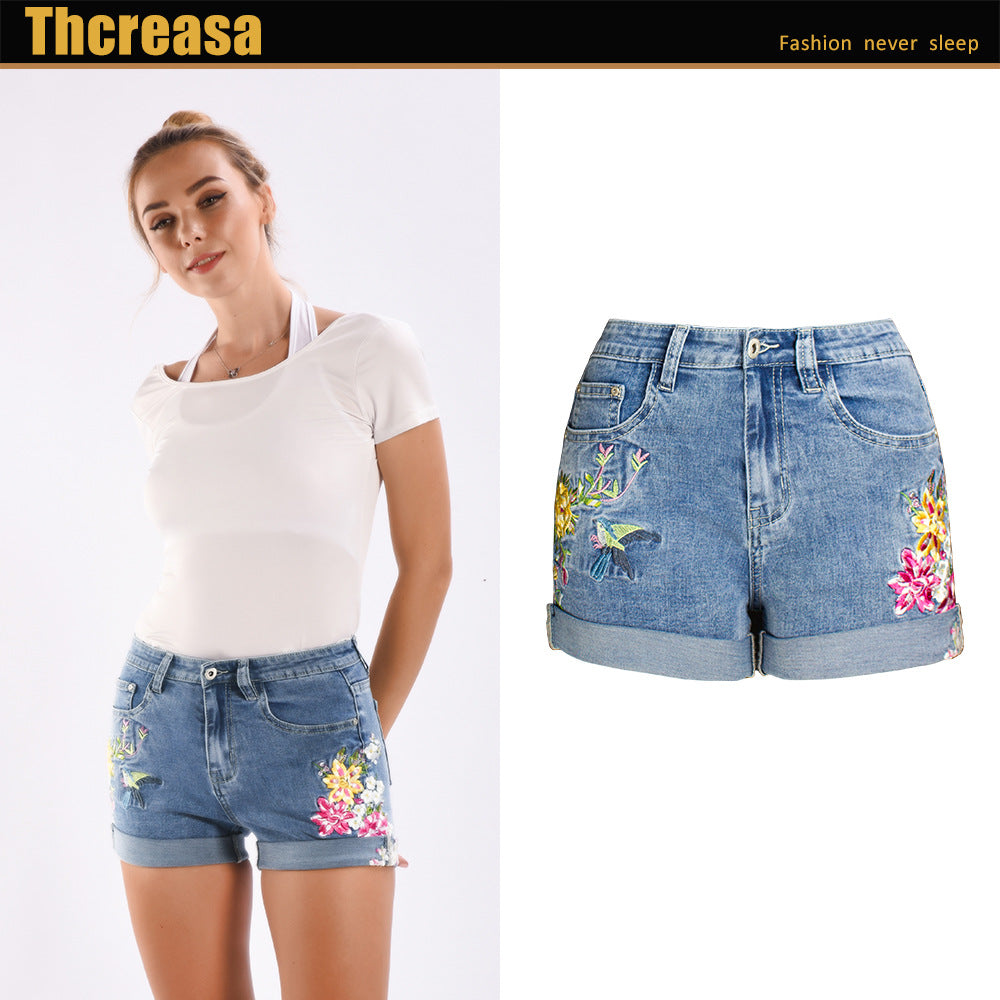 Short extensible à jambes larges pour femmes, vêtement en Denim brodé à fleurs exquis 3D