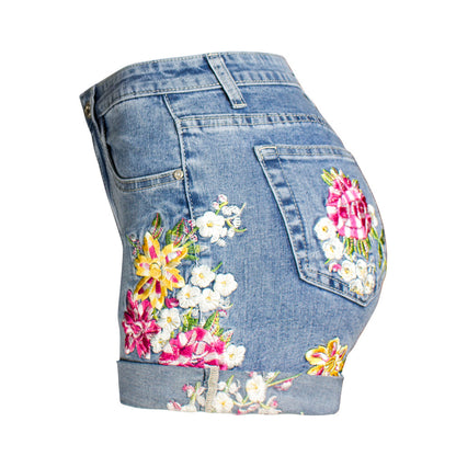 Short extensible à jambes larges pour femmes, vêtement en Denim brodé à fleurs exquis 3D