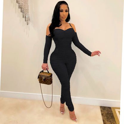 Women Clothing Jumpsuit Sexy Tube Top Long Sleeve Spaghetti-Strap One-Piece Shrink Wrinkle Winter