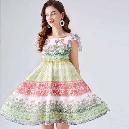 Women New Summer Contrast Colorful Flower Print Chiffon Dress High Waist Back Rubber A- Line Short Dress