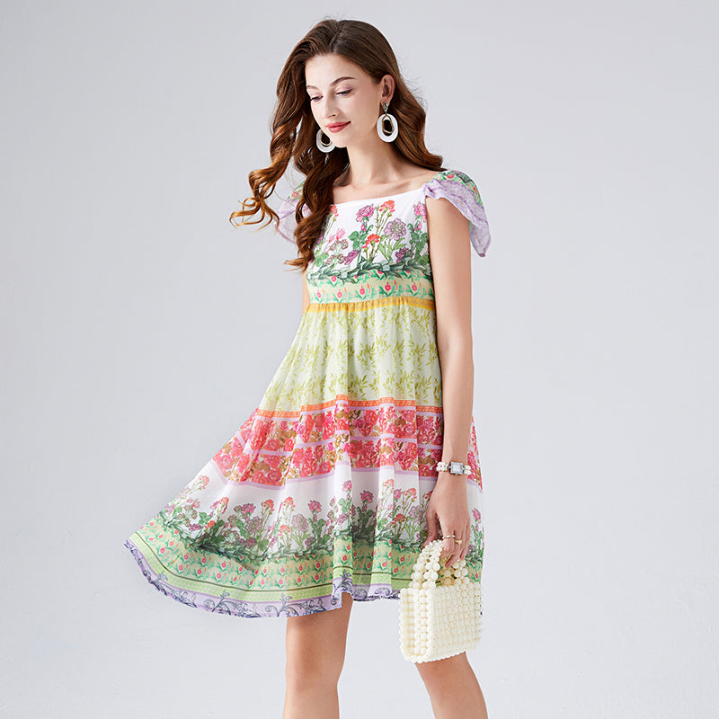 Women New Summer Contrast Colorful Flower Print Chiffon Dress High Waist Back Rubber A- Line Short Dress