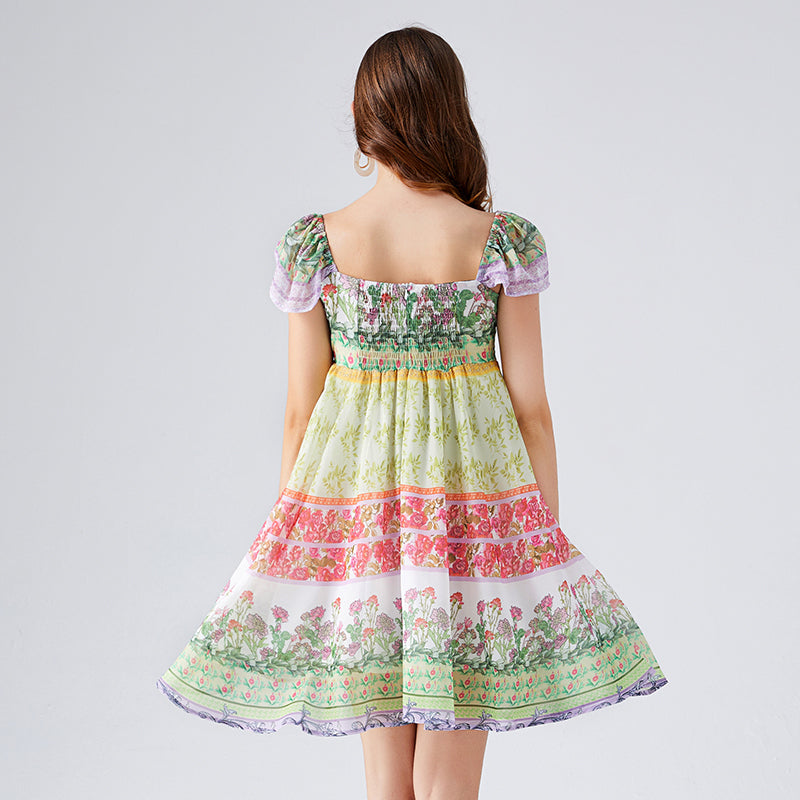 Women New Summer Contrast Colorful Flower Print Chiffon Dress High Waist Back Rubber A- Line Short Dress