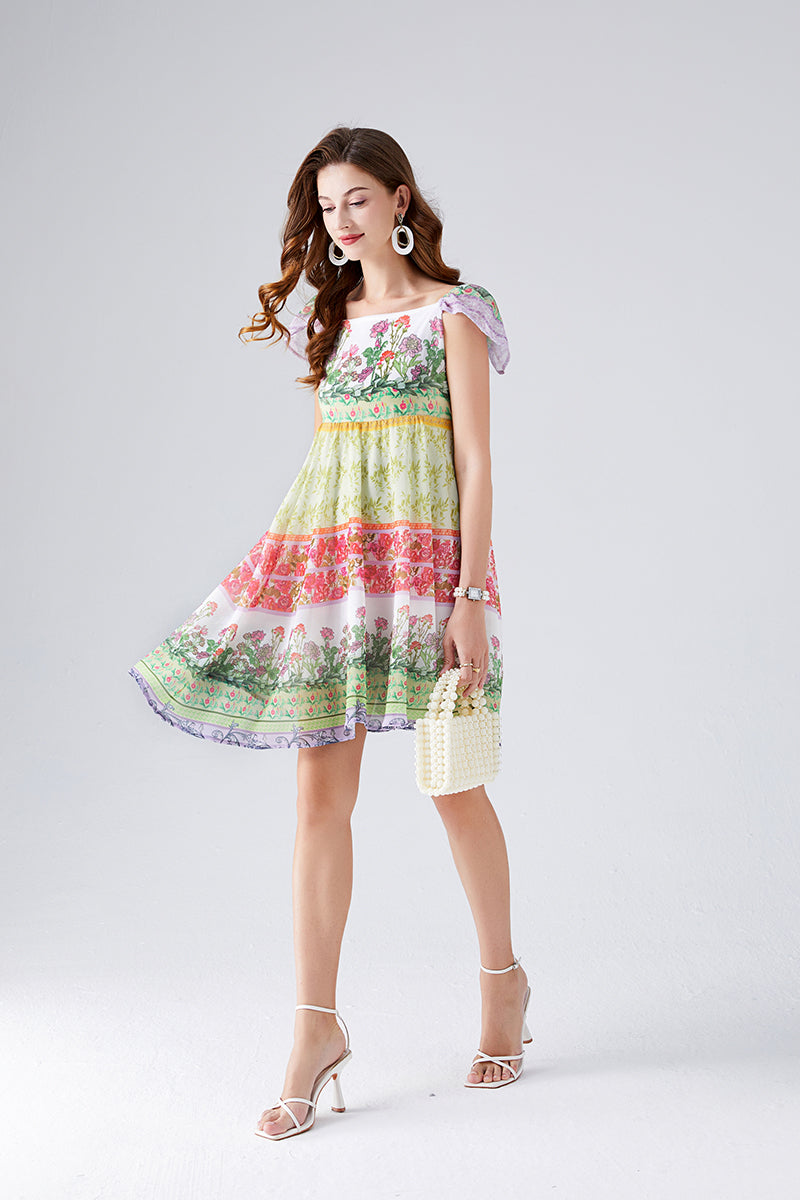 Vestido de gasa con estampado de flores coloridas y contraste de verano para mujer, Vestido corto de corte A con cintura alta y espalda de goma