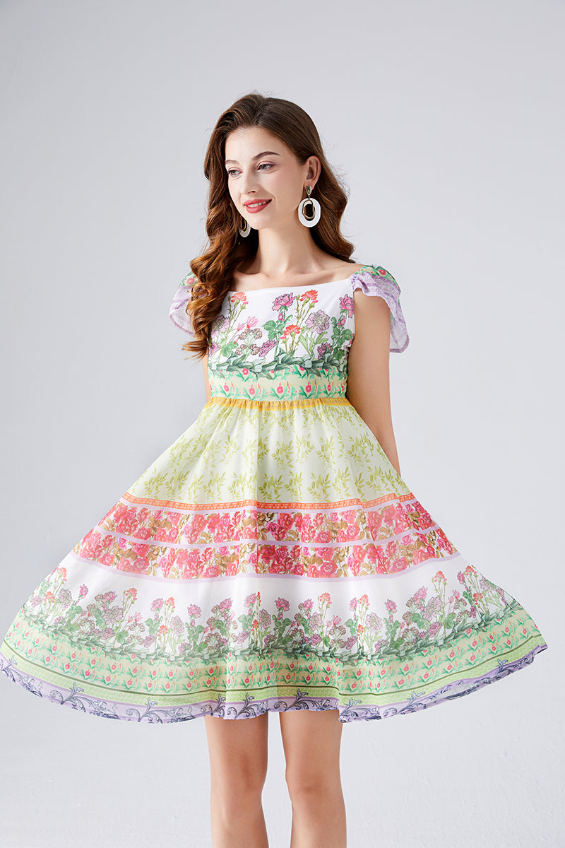 Women New Summer Contrast Colorful Flower Print Chiffon Dress High Waist Back Rubber A- Line Short Dress