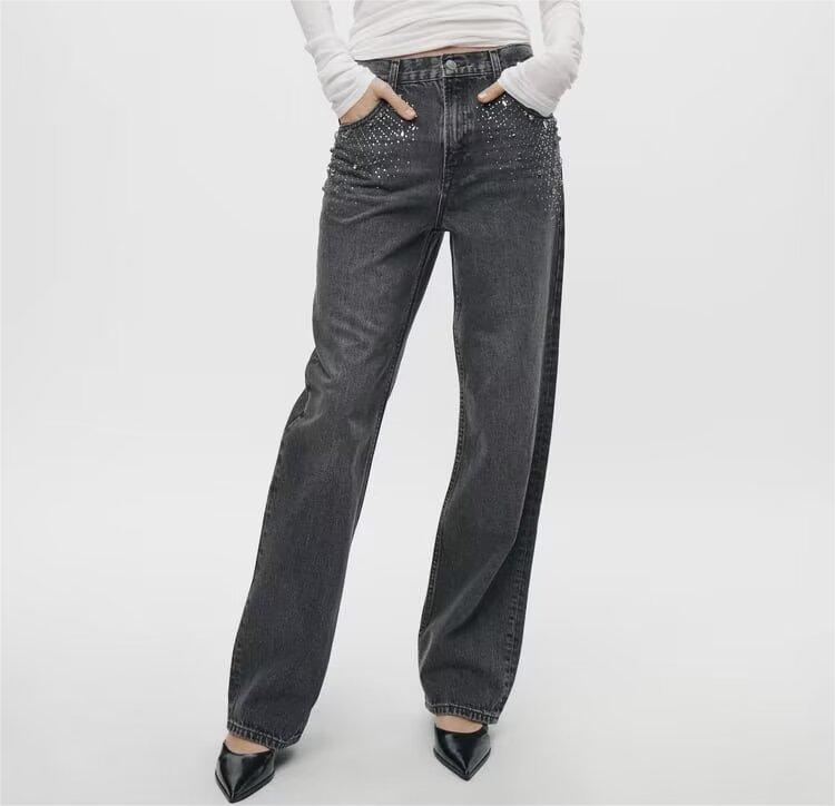 Ropa de mujer Adorno brillante Pantalones anchos de cintura media Jeans