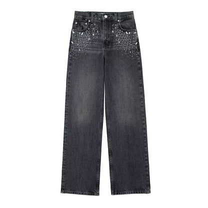 Ropa de mujer Adorno brillante Pantalones anchos de cintura media Jeans