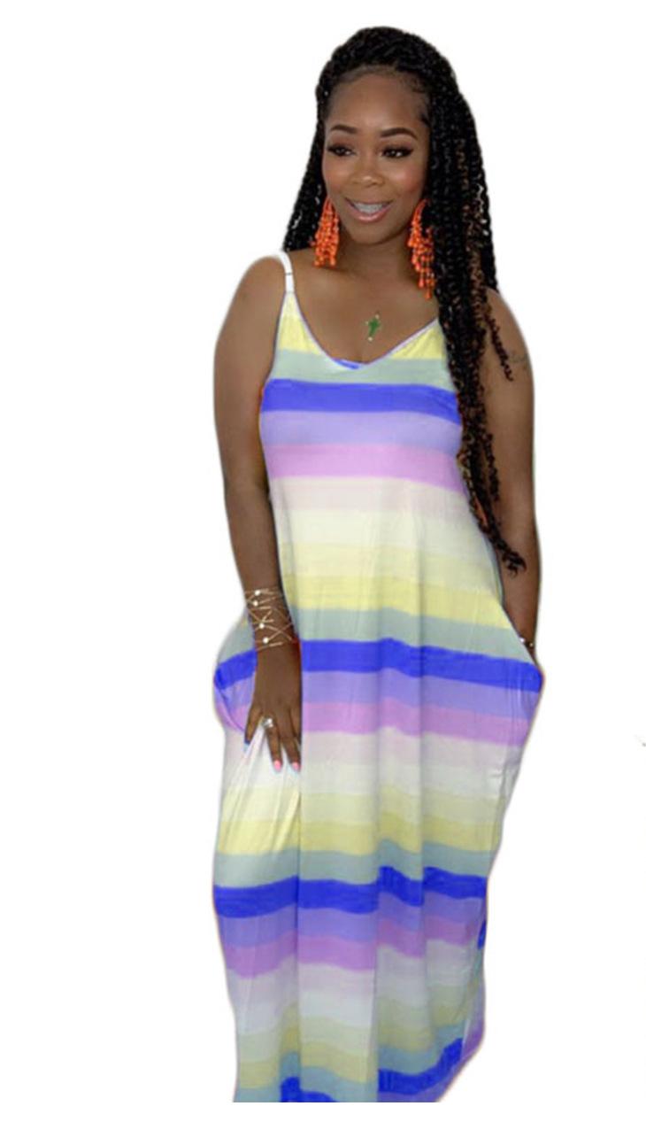 Women Rainbow Colorful Stripes Loose Big Hem Maxi Dress