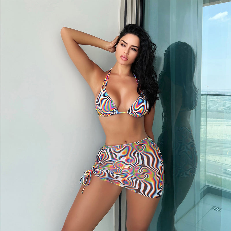 Traje de baño de bikini a rayas de colores Bikini sexy para mujer Traje de baño con tirantes de tres piezas