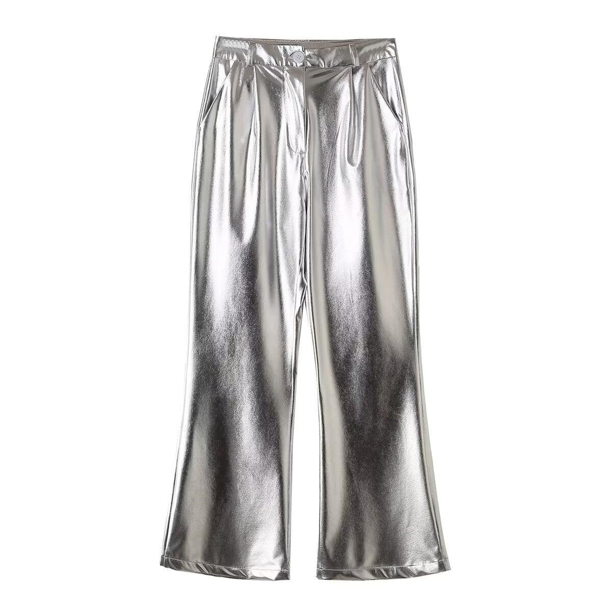 Spring Women Clothing Street Casual Silver Shiny Surface Trousers