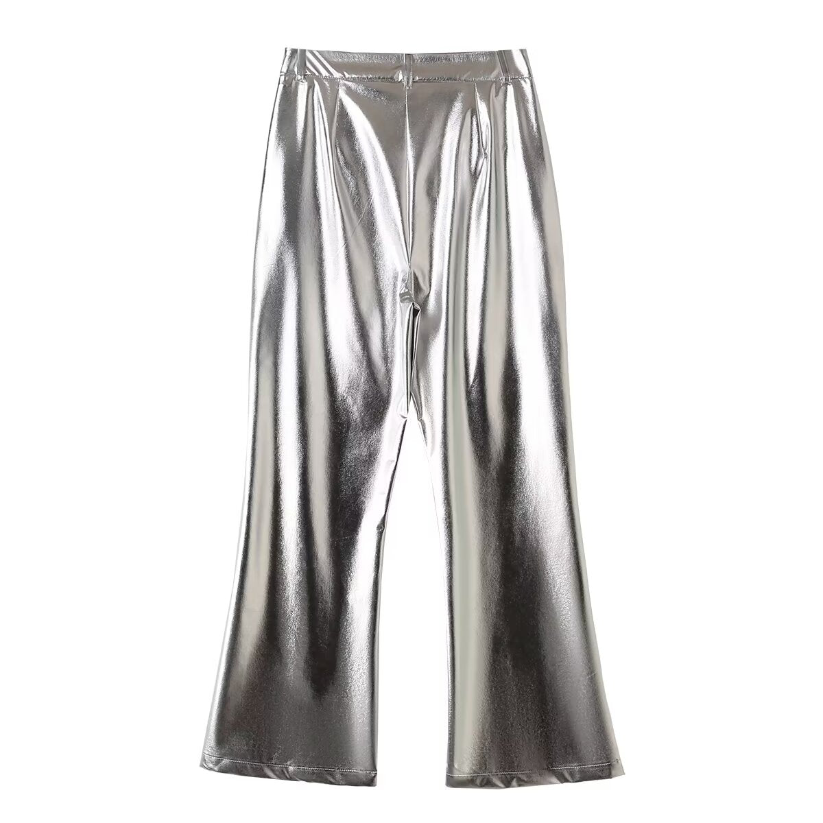 Spring Women Clothing Street Casual Silver Shiny Surface Trousers