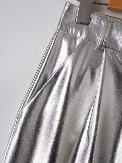 Spring Women Clothing Street Casual Silver Shiny Surface Trousers