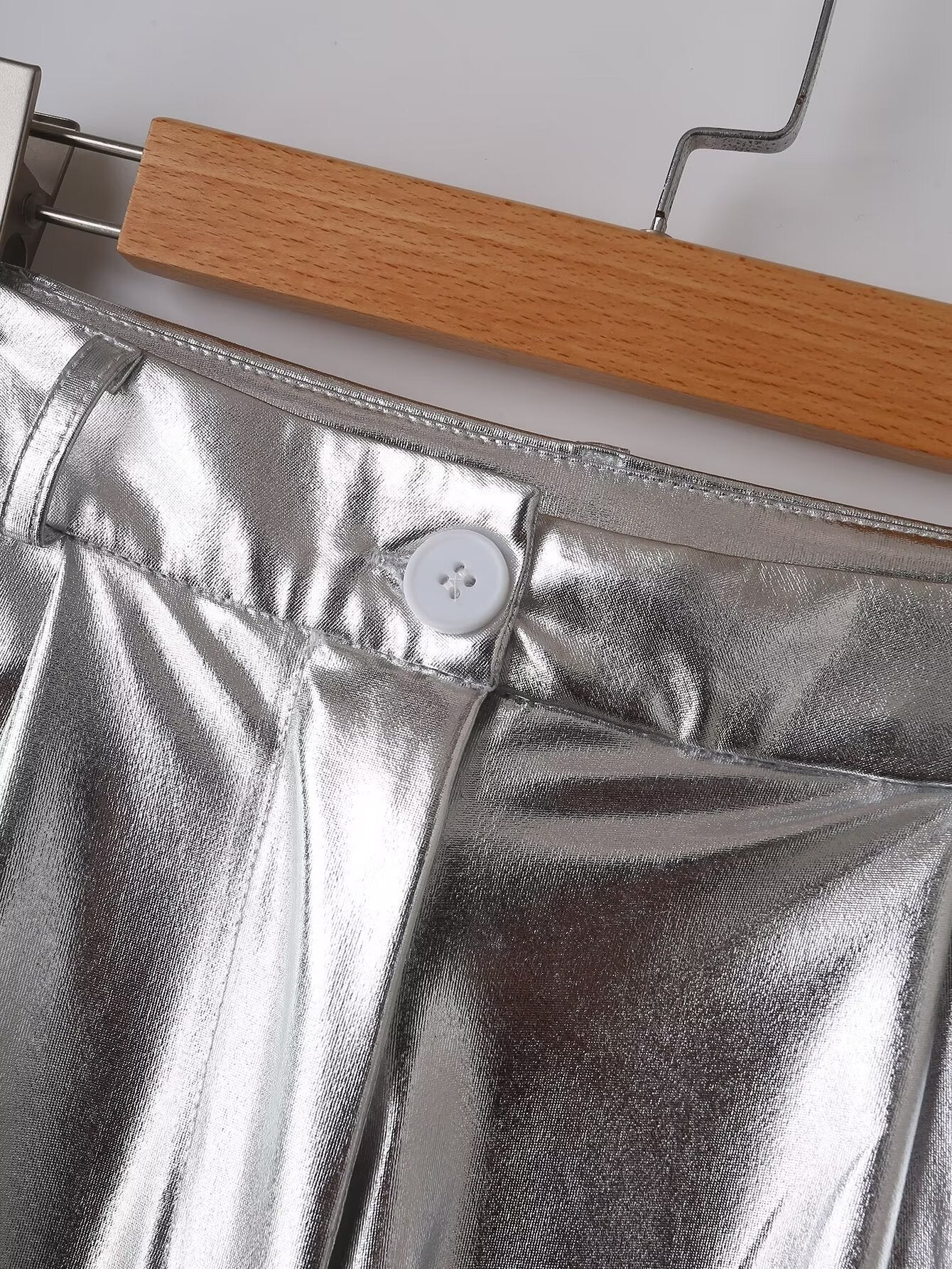 Spring Women Clothing Street Casual Silver Shiny Surface Trousers