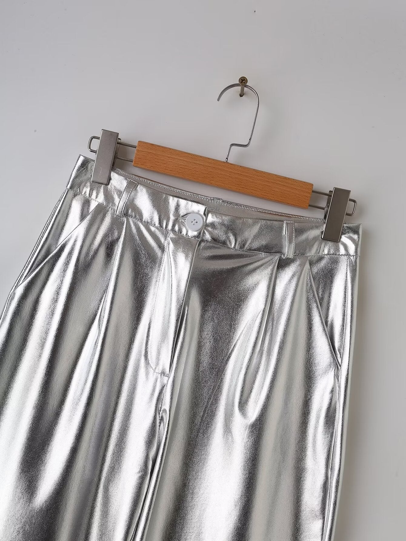 Spring Women Clothing Street Casual Silver Shiny Surface Trousers