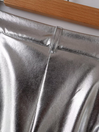 Spring Women Clothing Street Casual Silver Shiny Surface Trousers