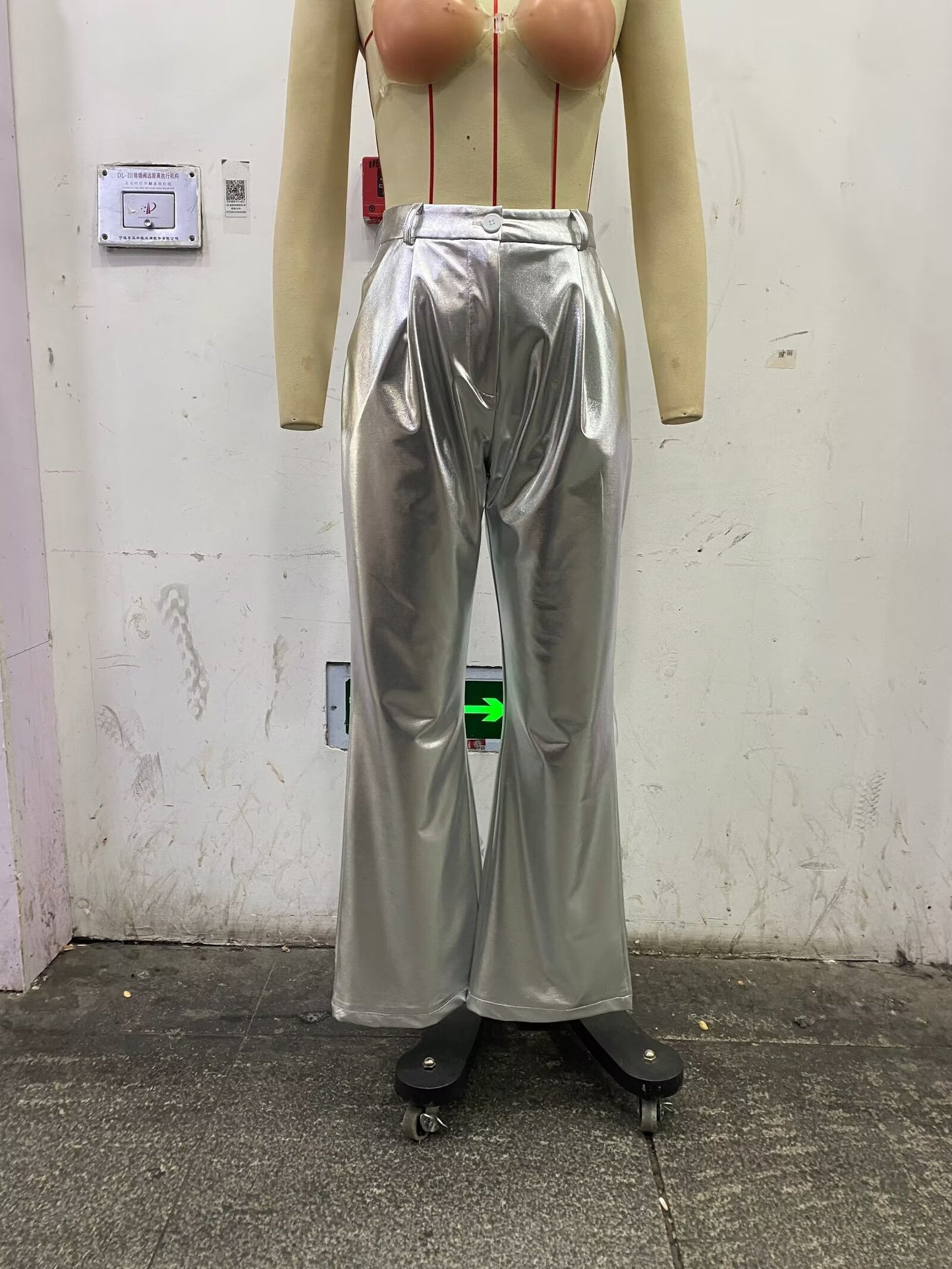 Spring Women Clothing Street Casual Silver Shiny Surface Trousers