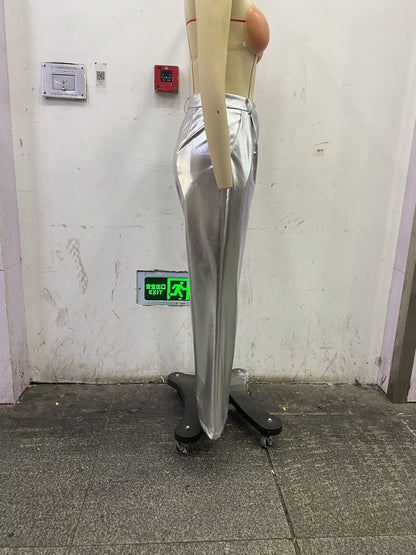 Spring Women Clothing Street Casual Silver Shiny Surface Trousers