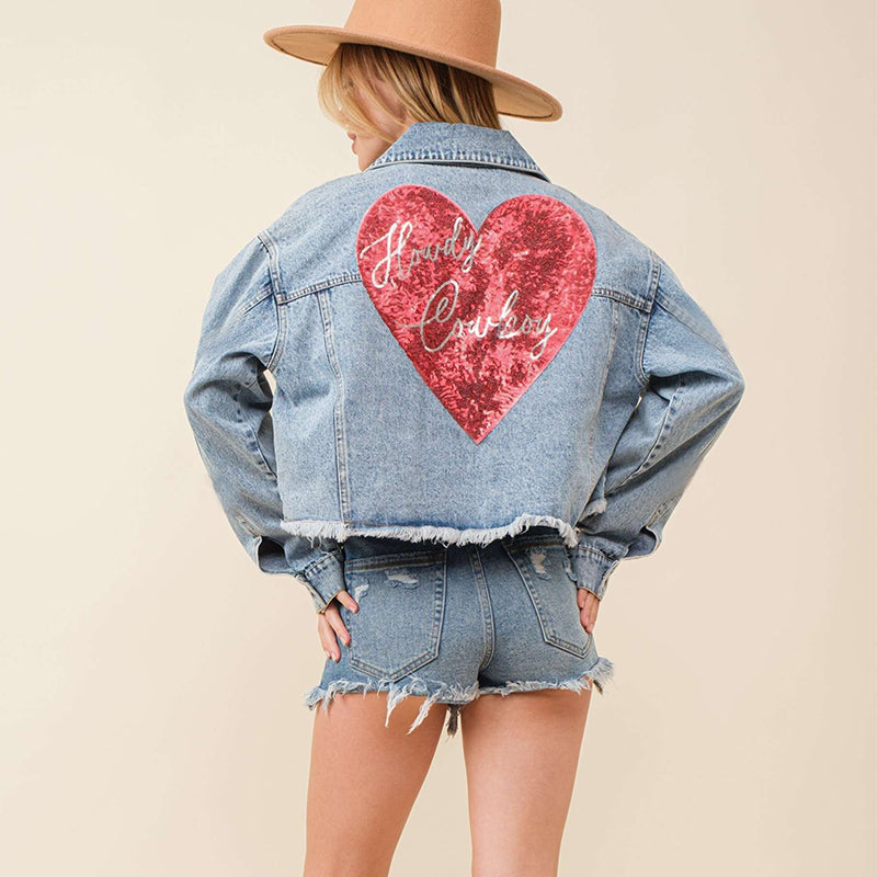 Valentine Day Love Sequin Denim Jacket Frayed Short Top for Women