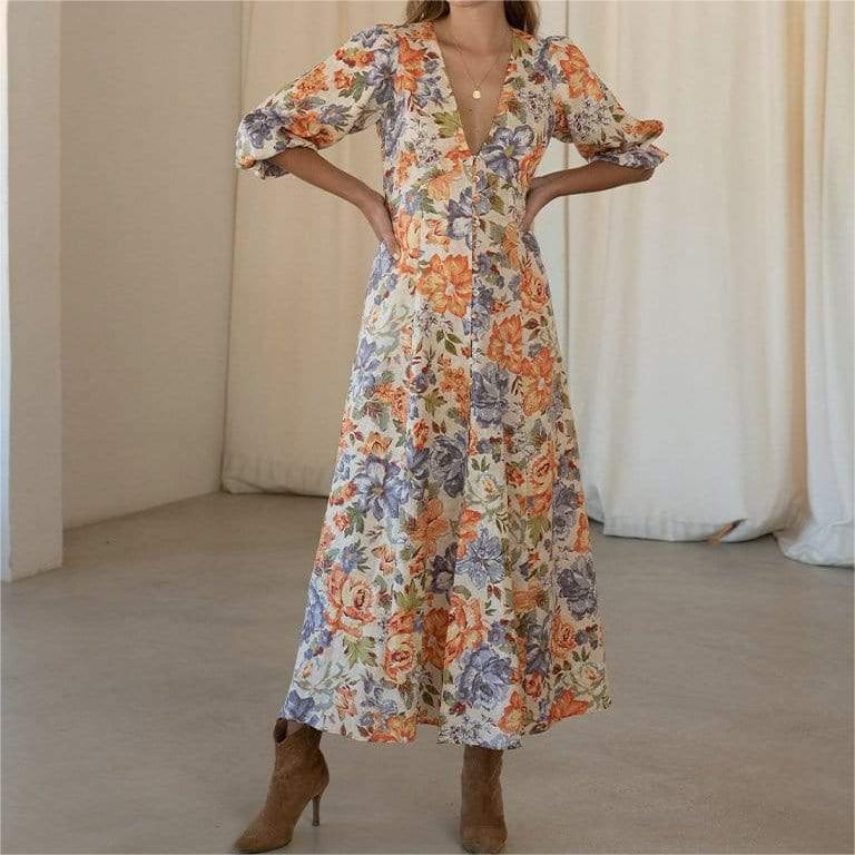 French Royal Colorful Floral V Neck Tight Waist Puff Sleeve Floral Dress