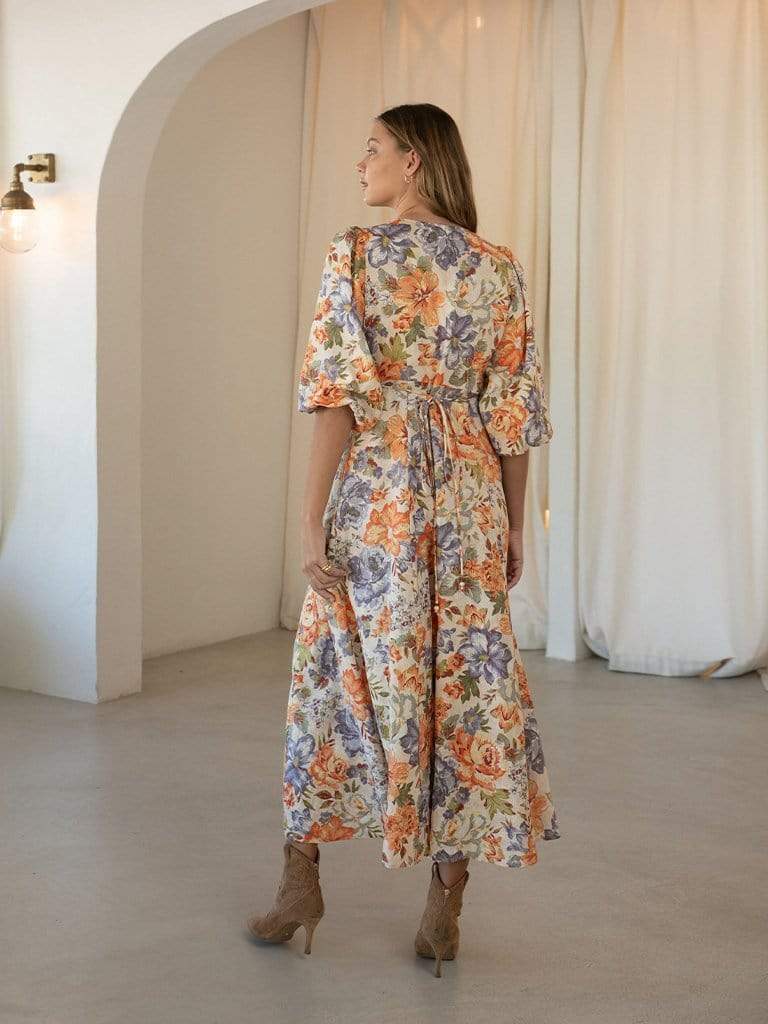 Robe florale colorée royale française, col en V, taille serrée, manches bouffantes