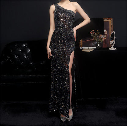 Women Heavy Craft Colorful Sequin Socialite Gathering Party Evening Dress Sexy Long Slimming Toast Dress Bride