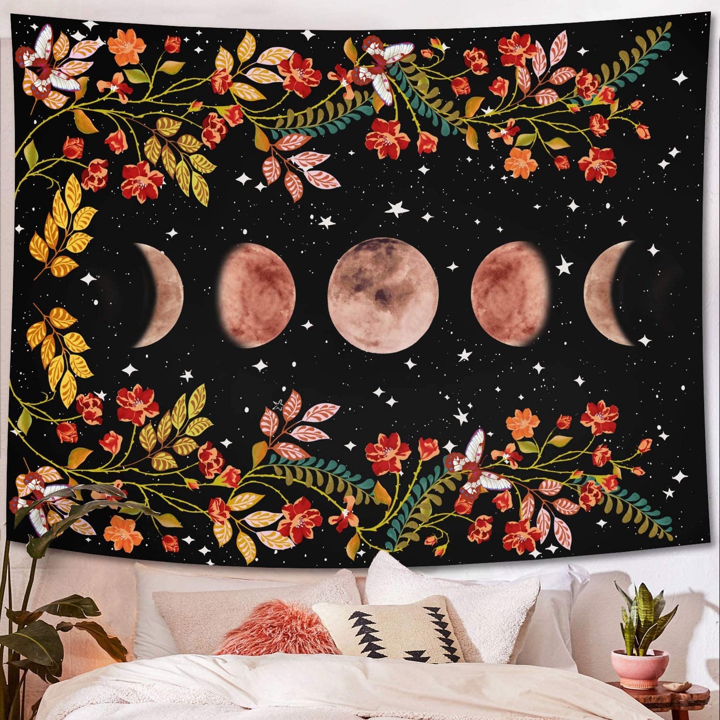 Mur de fleurs décoratif psychédélique avec étoiles et clair de lune