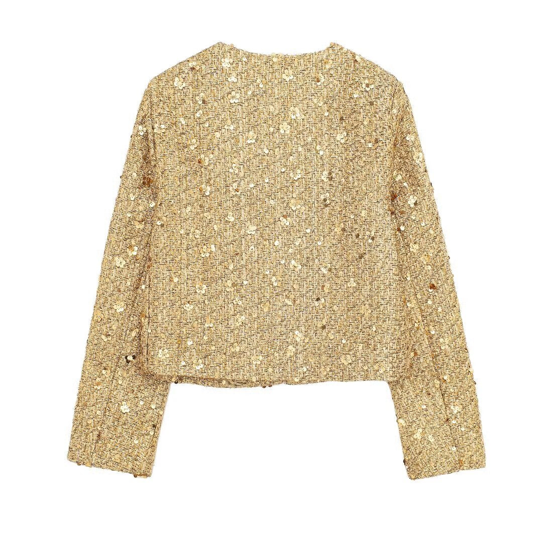 Spring Autumn Women Clothing French Short Shiny Sequin Decorative Texture Blazer