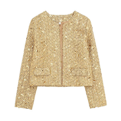 Primavera otoño ropa de mujer chaqueta francesa corta con textura decorativa de lentejuelas brillantes