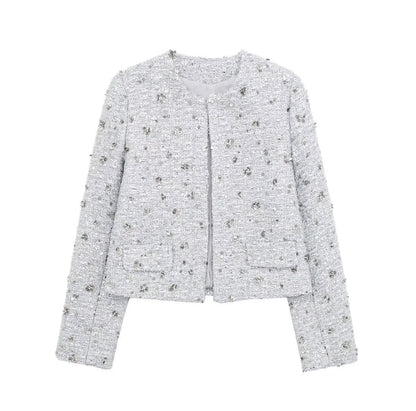 Spring Autumn Women Clothing French Short Shiny Sequin Decorative Texture Blazer