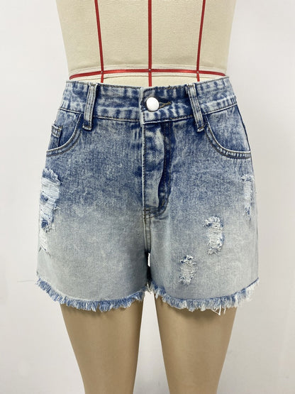 Summer Gradient Denim Shorts Women High Waist Slimming Burr Pants