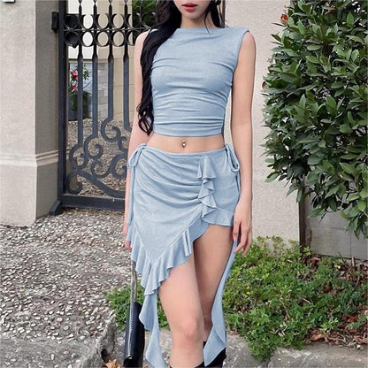 Socialite Shiny Sleeveless Ruffles Mid Length Skirt Set Summer Cropped Top