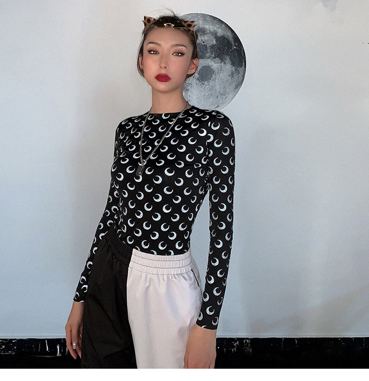 Reflective moon print ice silk bottoming shirt