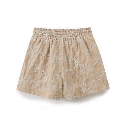 Short rétro taille haute à lacets pour femmes, facile à assortir, brodé, taille élastique, décontracté