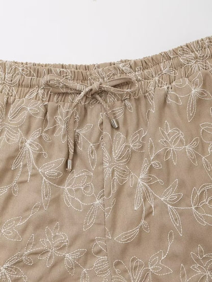 Women Retro Easy Matching High Waist Lace up Embroidered Elastic Waist Casual Shorts