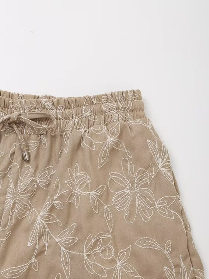 Short rétro taille haute à lacets pour femmes, facile à assortir, brodé, taille élastique, décontracté