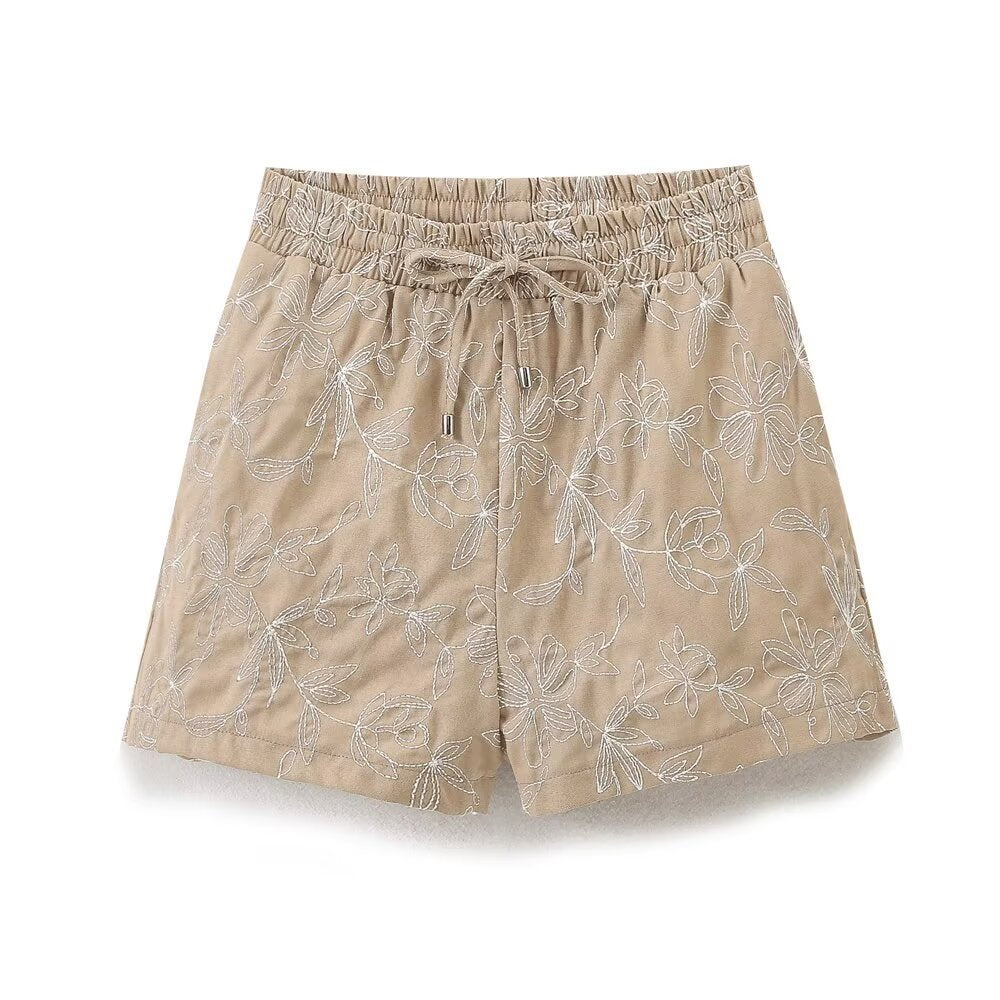 Short rétro taille haute à lacets pour femmes, facile à assortir, brodé, taille élastique, décontracté