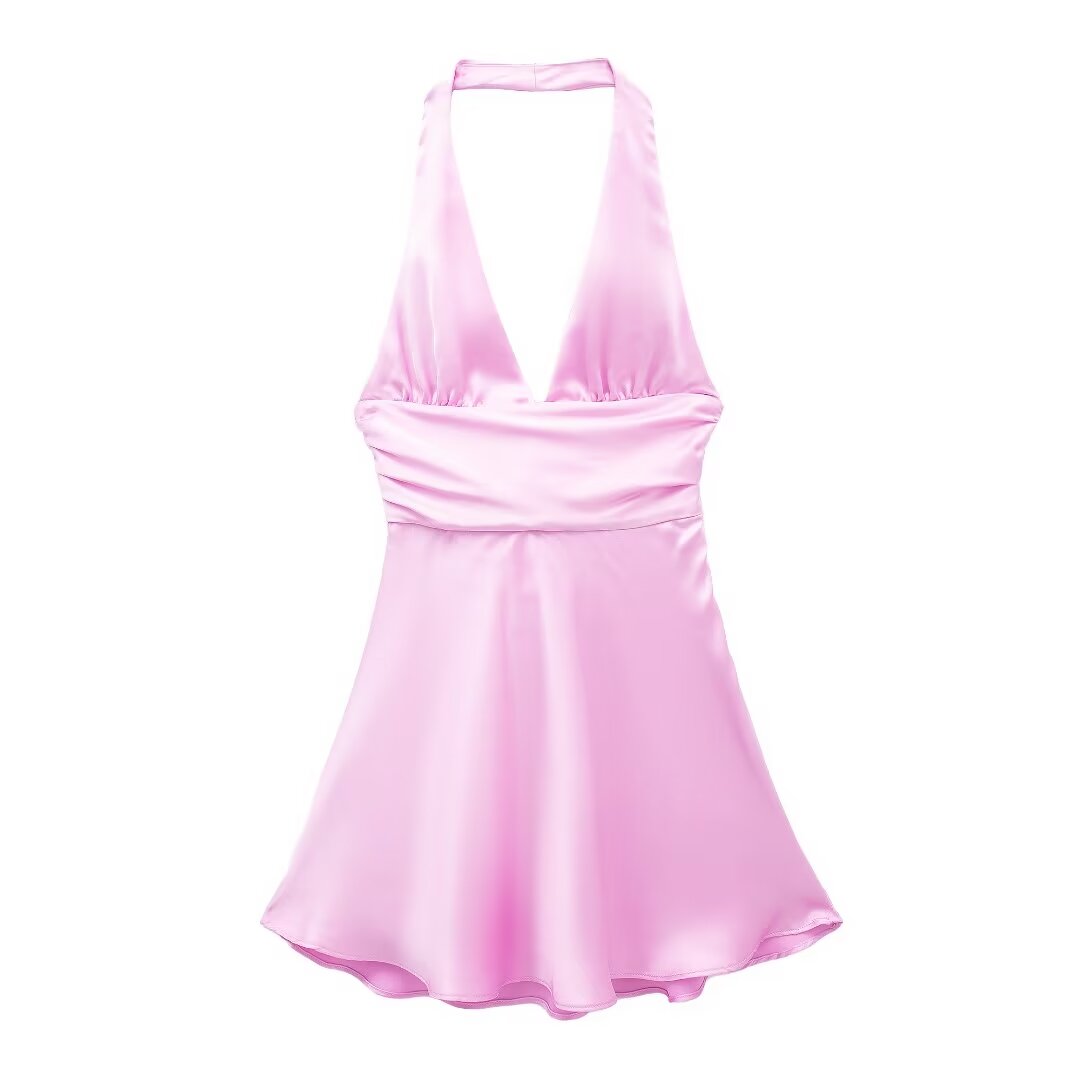 Ropa de mujer Verano Color Sólido Seda Satén Textura Halter Vestido Mini Vestido