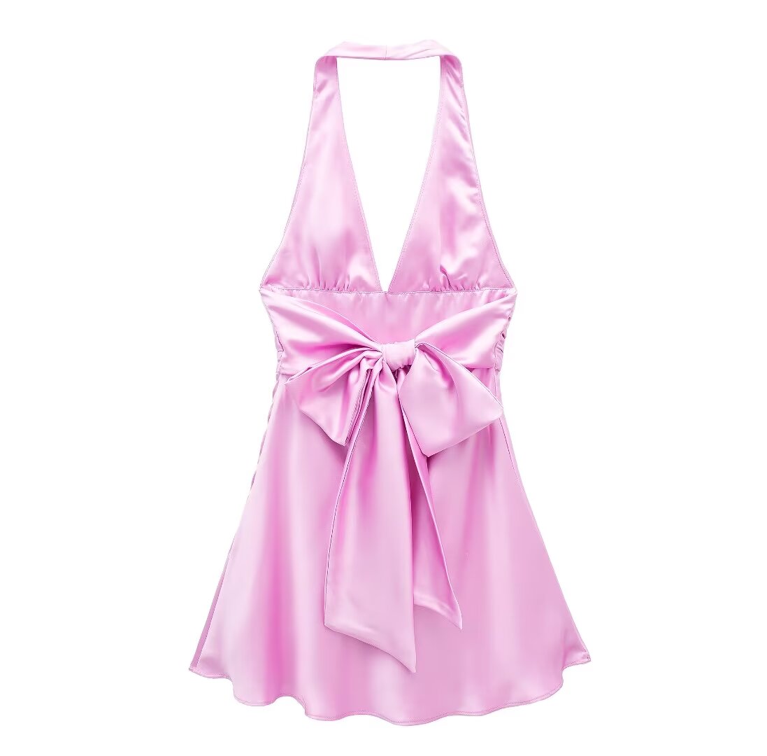 Women Clothing Summer Solid Color Silk Satin Texture Halter Dress Mini Dress