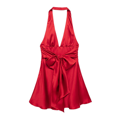 Women Clothing Summer Solid Color Silk Satin Texture Halter Dress Mini Dress