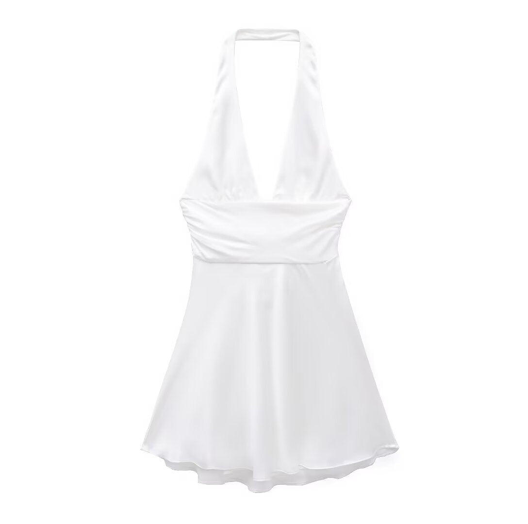 Ropa de mujer Verano Color Sólido Seda Satén Textura Halter Vestido Mini Vestido