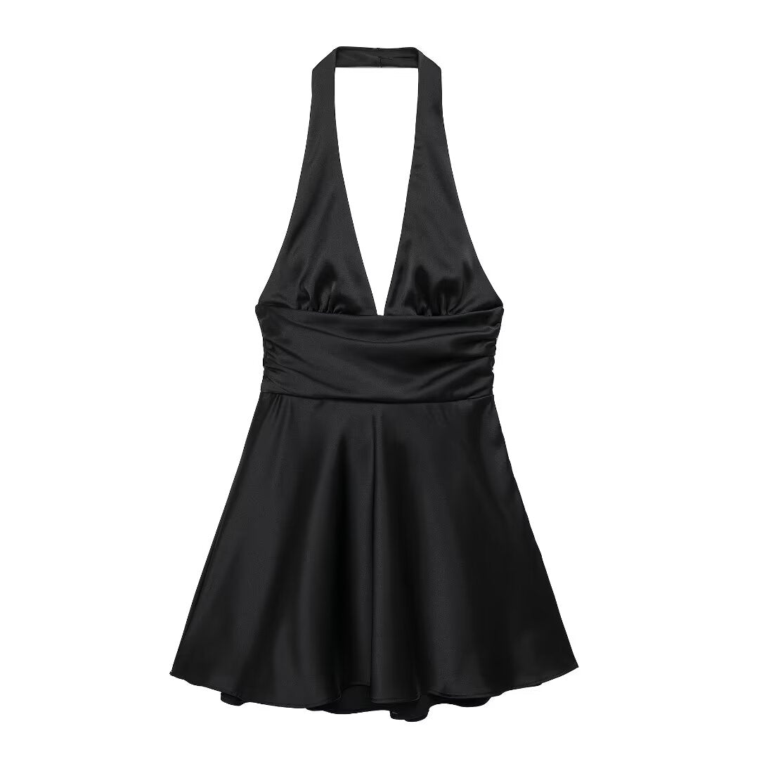 Robe d'été en Satin de soie pour femmes, vêtements de couleur unie, Texture, col licou, Mini robe