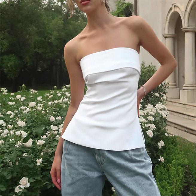 Femmes Vêtements D'été Couleur Unie Décontracté Col Polo Bustier Tubulaire Dos Nu Coupe Slim Fente T Petit Haut